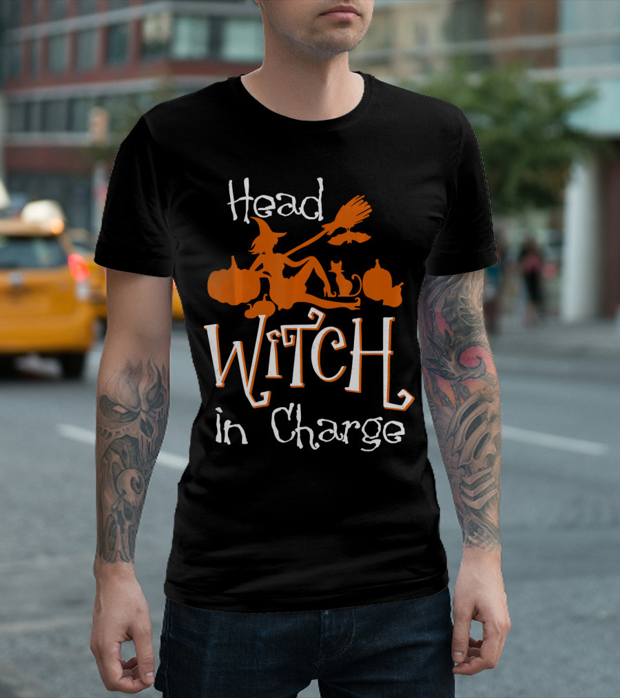 Head Witch In Charge Funny Halloween Pumpkins Broomstick Cat T-Shirt