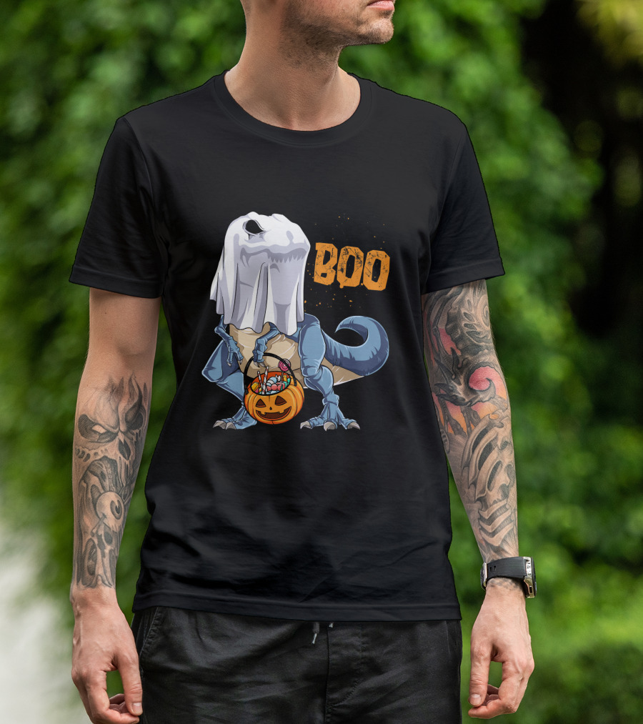 Ghost Dinosaur Rex Boo Halloween Candy Pumpkin T-Shirt
