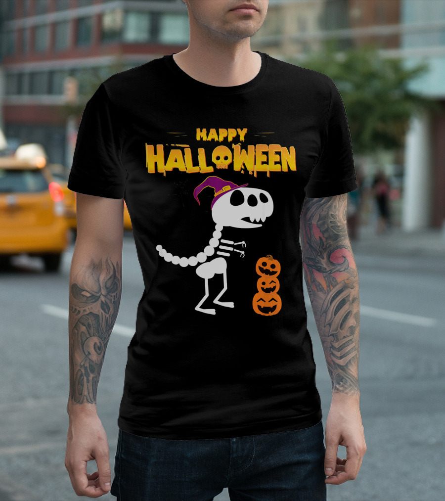 Happy Halloween Funny Rex Skeleton with Witch Hat and Pumpkins T-Shirt