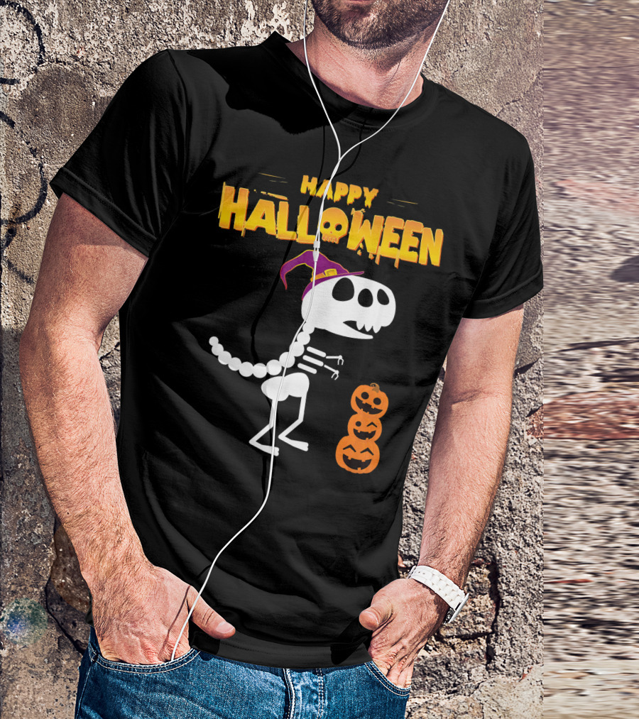 Happy Halloween Funny Rex Skeleton With Witch Hat And Pumpkins T-Shirt
