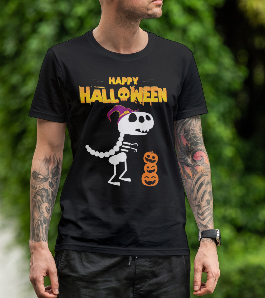 Happy Halloween Funny Rex Skeleton With Witch Hat And Pumpkins T-Shirt