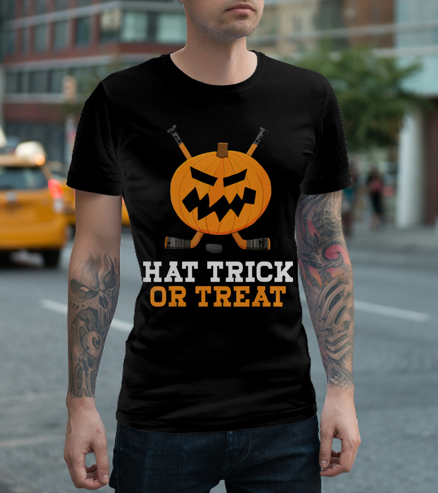 Hat Trick Or Treat Pumpkin Hockey Sticks Face T-Shirt