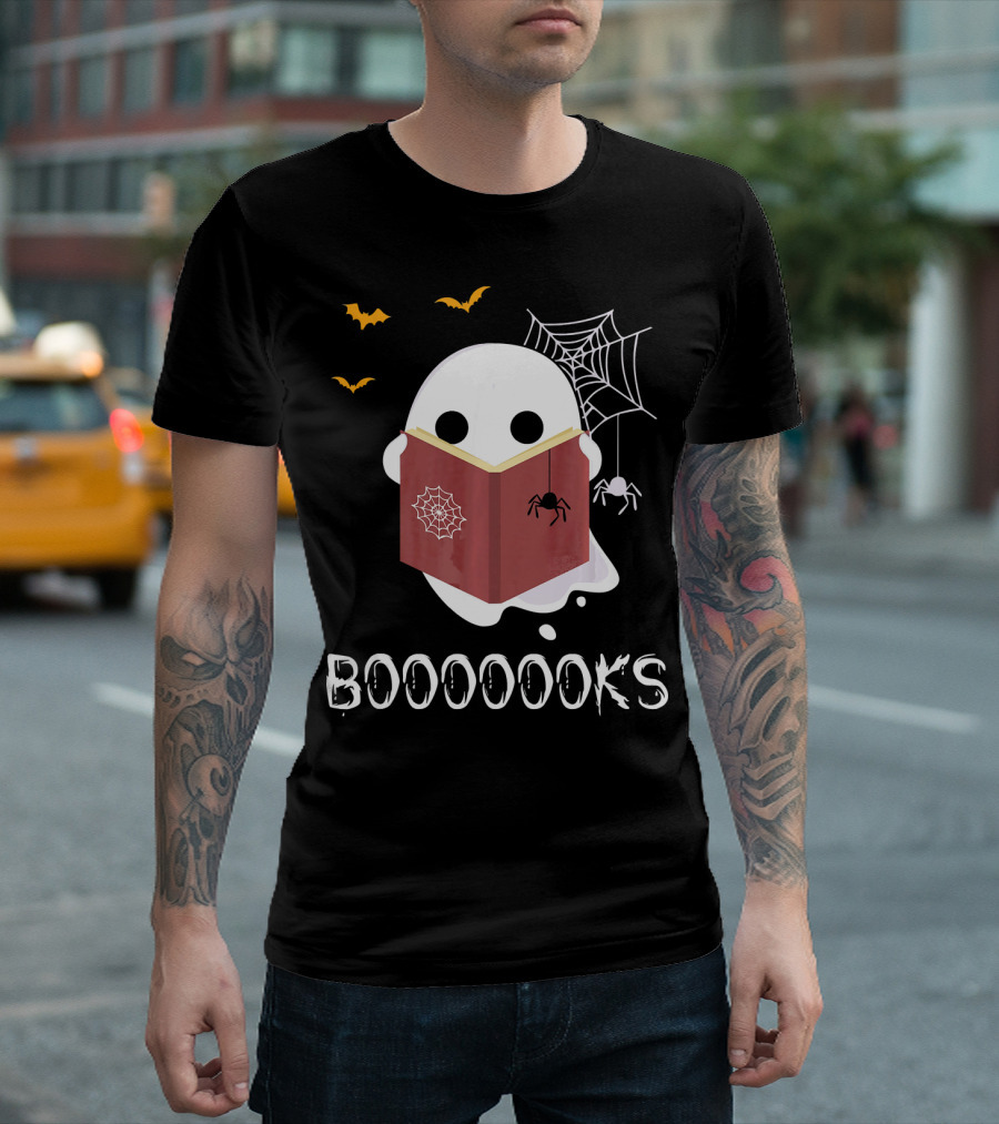 Booooooks Funny Boo Read Books Reading Ghost Spider Web Bats T-Shirt
