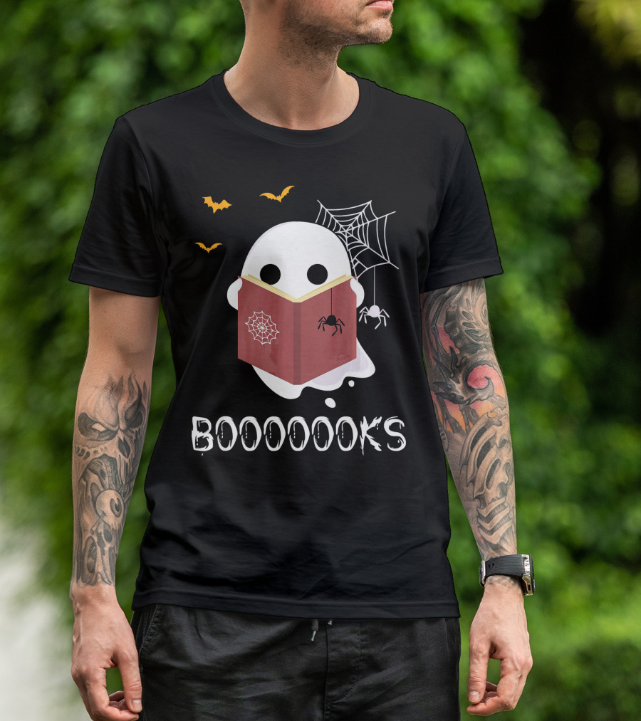 Booooooks Funny Boo Read Books Reading Ghost Spider Web Bats T-Shirt