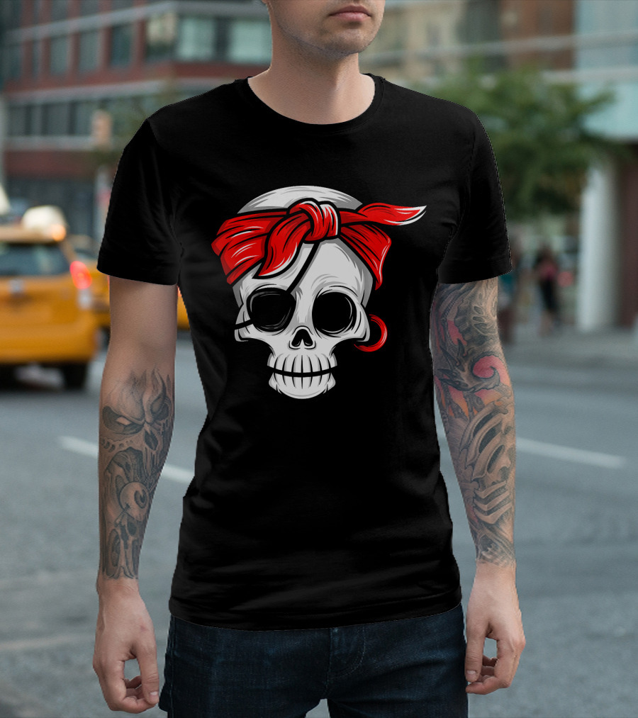 Pirate Skull With Red Bandana And Eye Patch T-Shirt