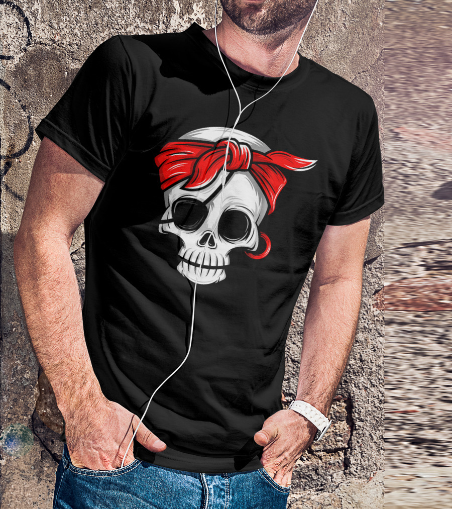Pirate Skull With Red Bandana And Eye Patch T-Shirt