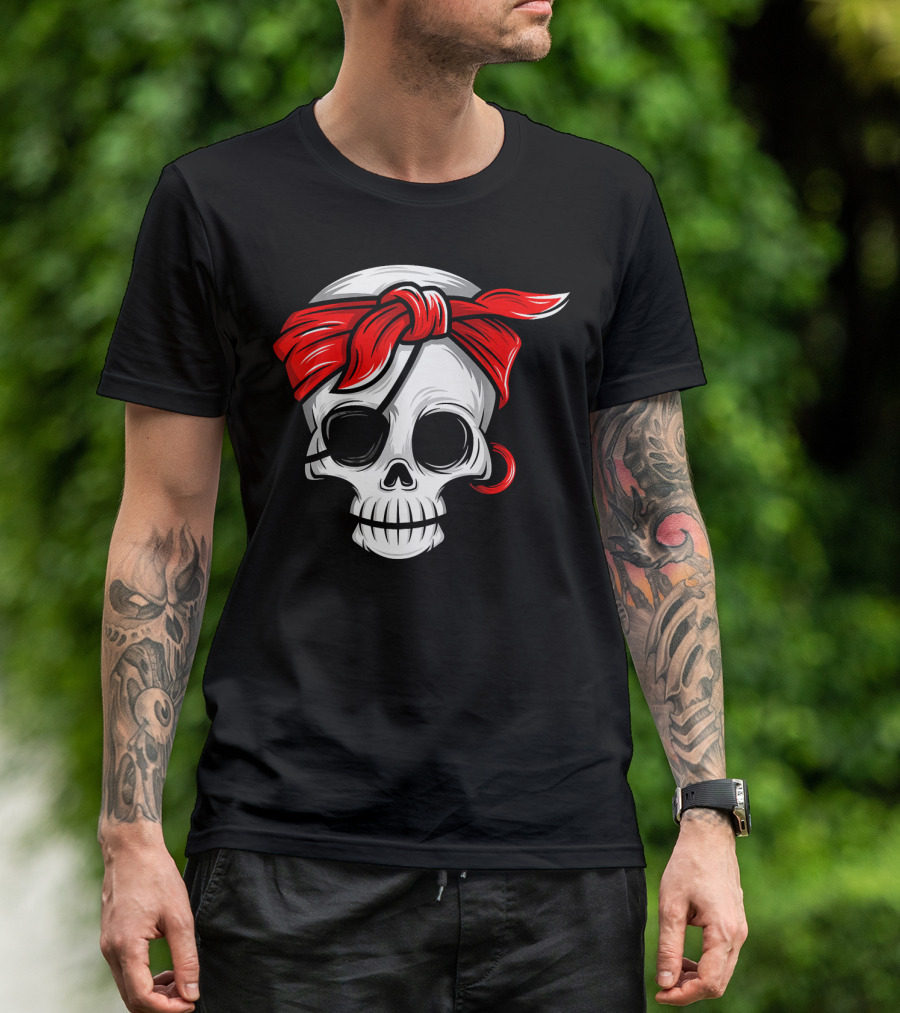 Pirate Skull With Red Bandana And Eye Patch T-Shirt