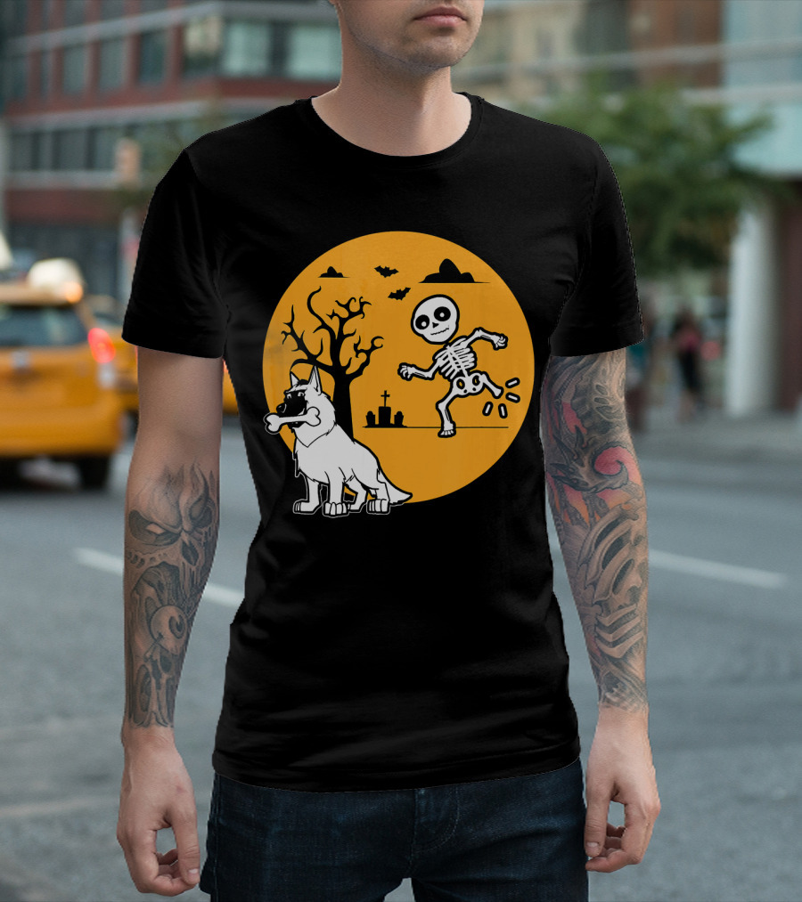 Belgian Malinois Skeleton Bone Halloween Moon Graveyard Scene T-Shirt