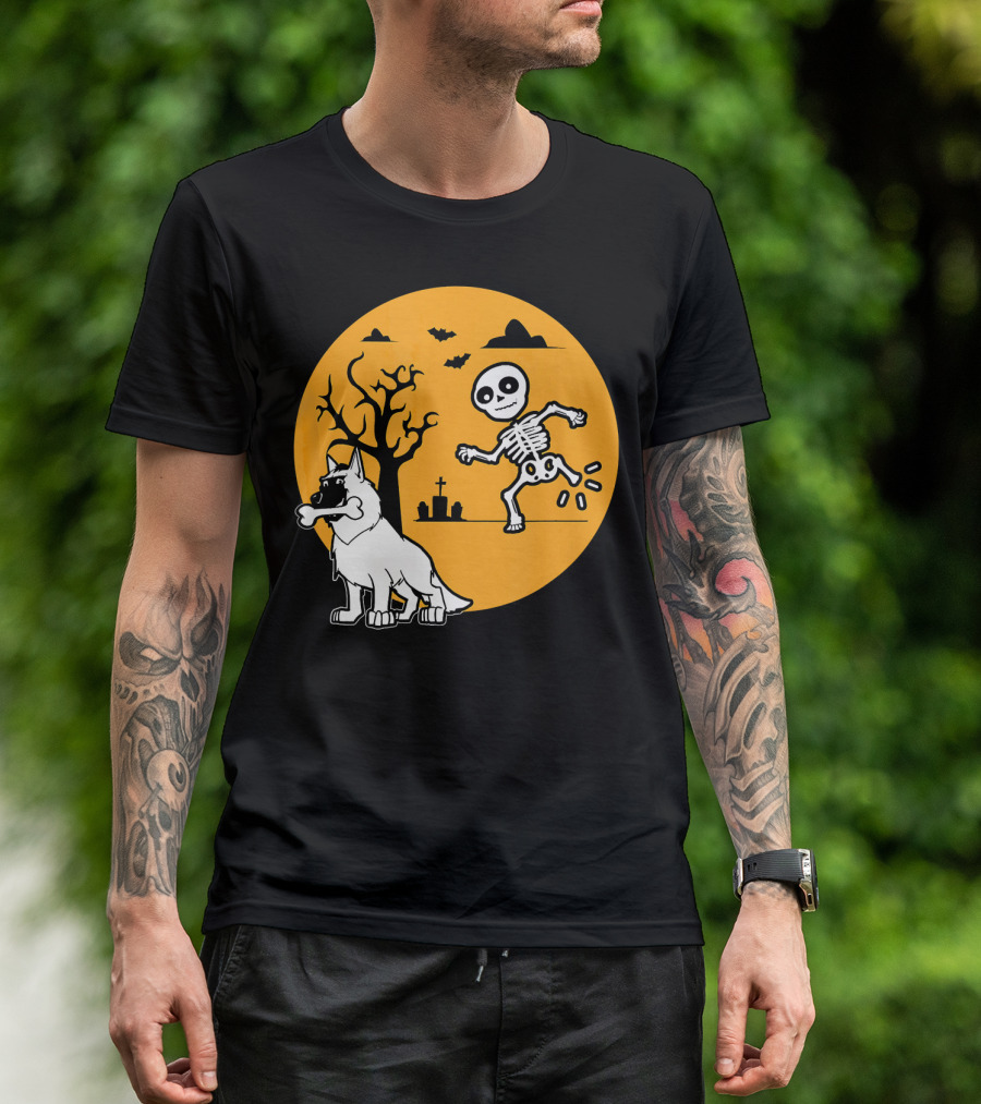 Belgian Malinois Skeleton Bone Halloween Moon Graveyard Scene T-Shirt