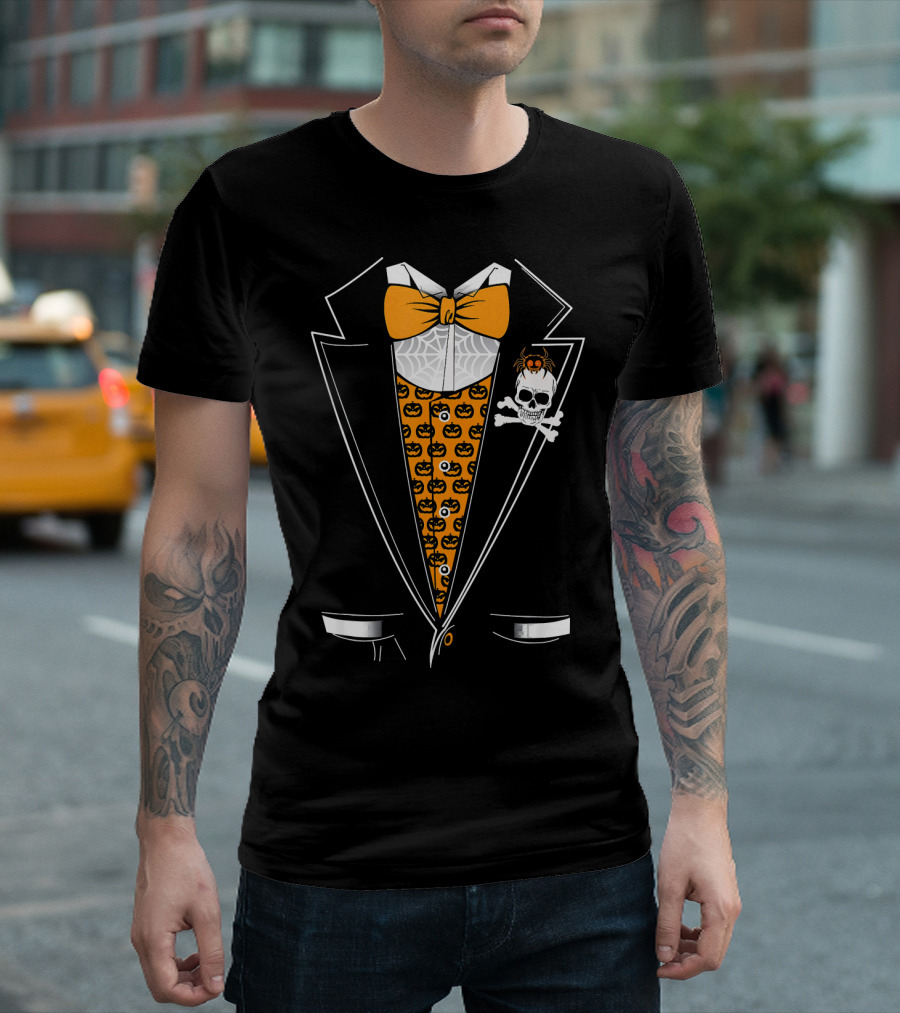 Halloween Tuxedo 3D Style Skull Pumpkin Spider Bowtie T-Shirt