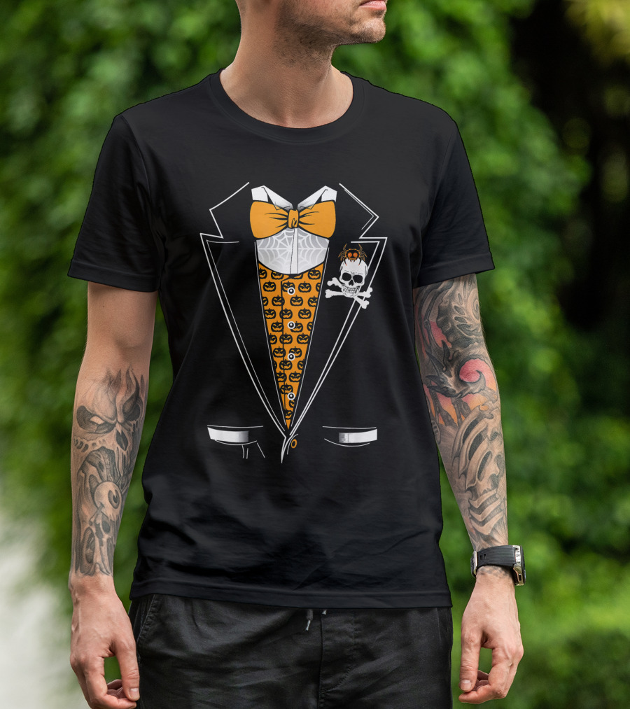 Halloween Tuxedo 3D Style Skull Pumpkin Spider Bowtie T-Shirt