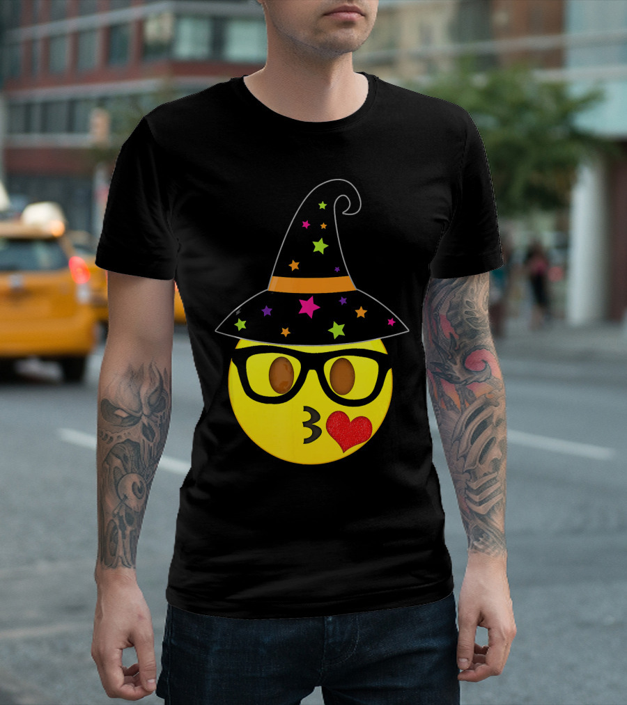 Funny Halloween Witch Hat Emoji Nerd Glasses Kissy Face T-Shirt