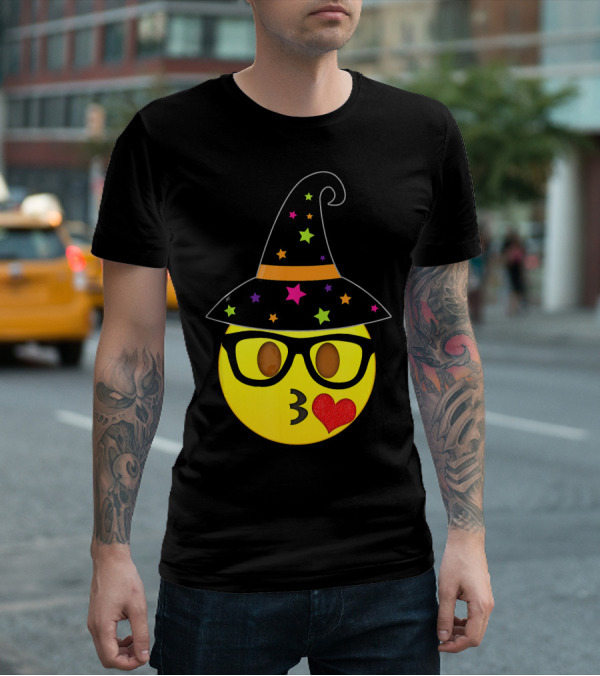 Funny Halloween Witch Hat Emoji Nerd Glasses Kissy Face T-Shirt