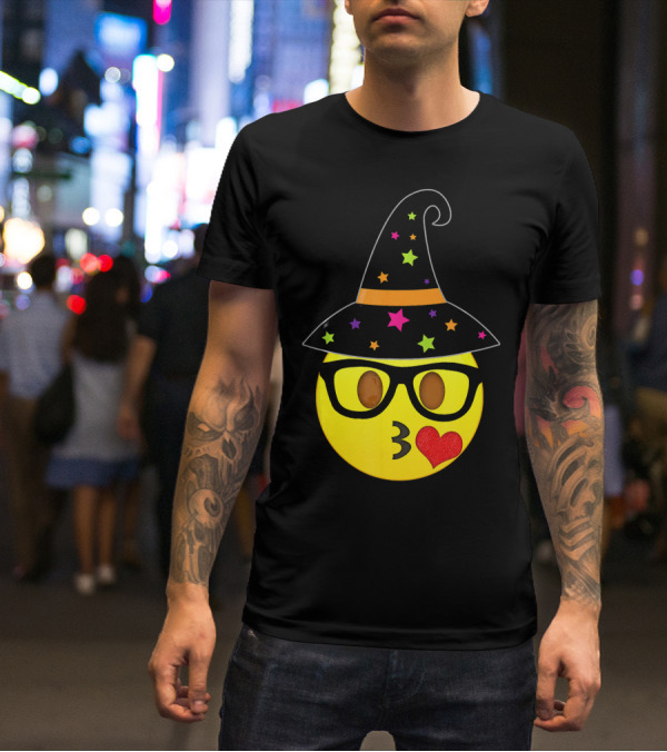 Funny Halloween Witch Hat Emoji Nerd Glasses Kissy Face T-Shirt