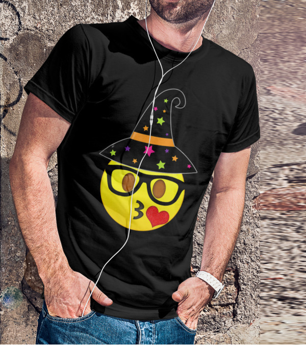 Funny Halloween Witch Hat Emoji Nerd Glasses Kissy Face T-Shirt