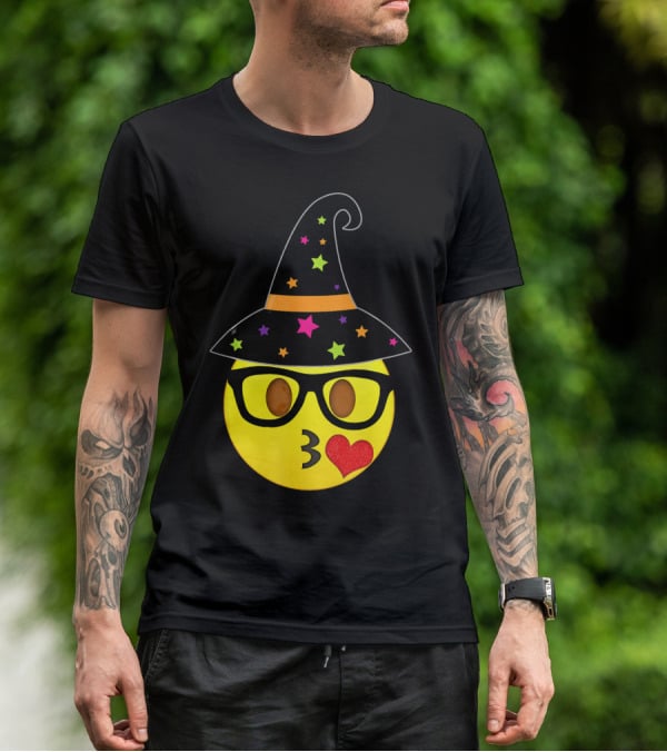 Funny Halloween Witch Hat Emoji Nerd Glasses Kissy Face T-Shirt