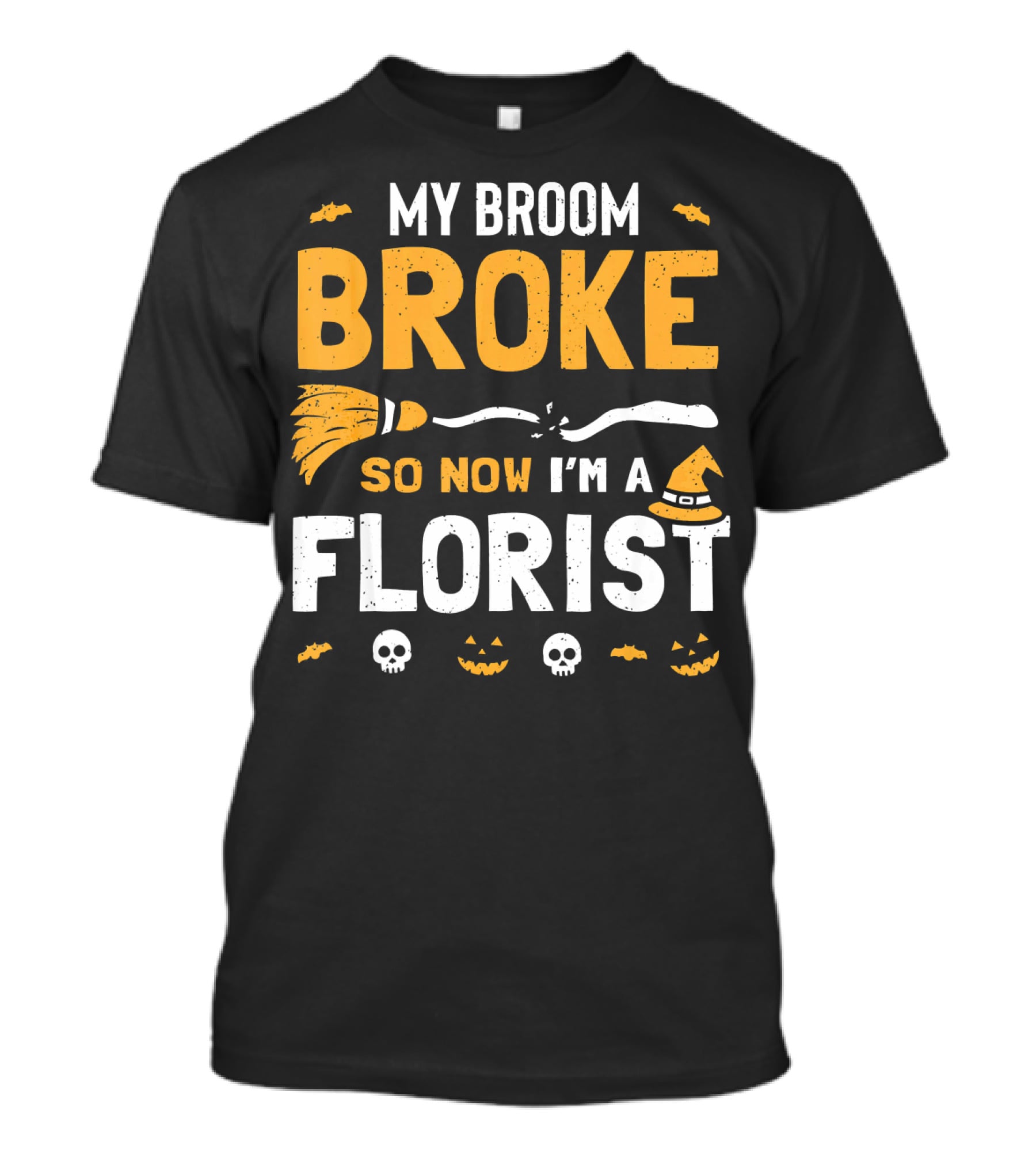 Broke Broom Halloween Florist Costume With Witch Hat And Pumpkins T-Shirt