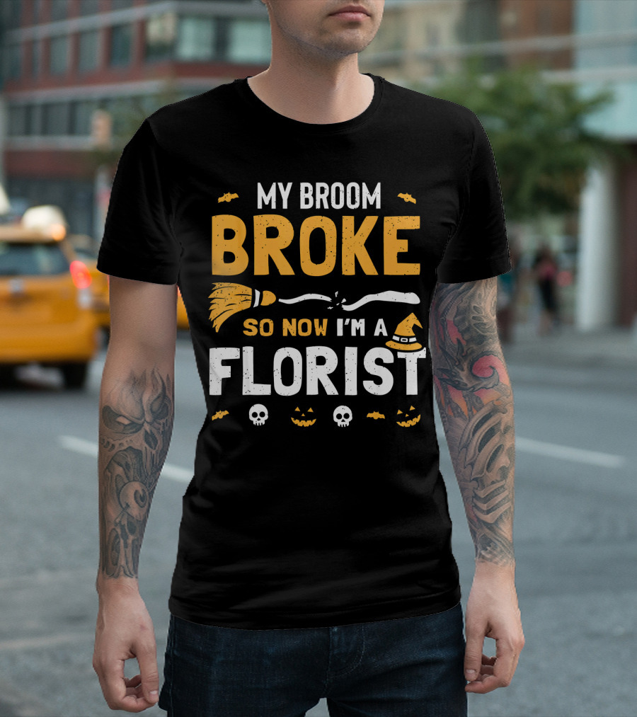 Broke Broom Halloween Florist Costume with Witch Hat and Pumpkins T-Shirt