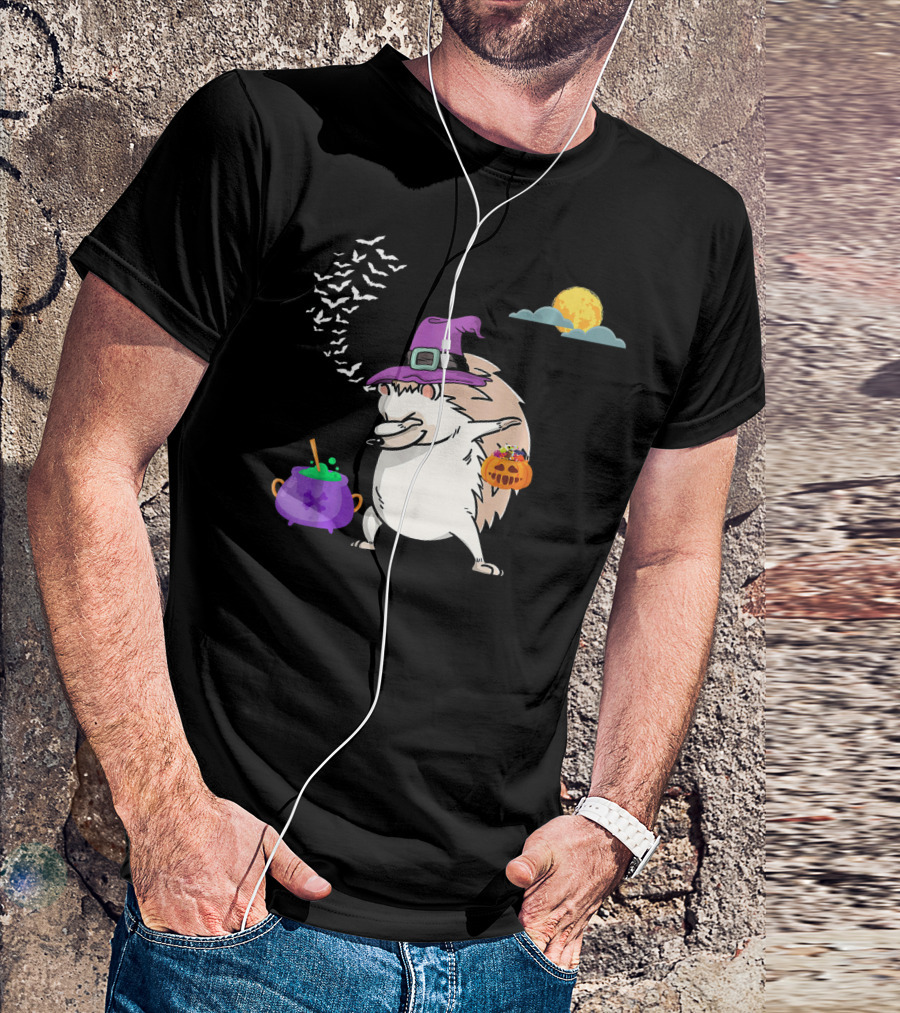 Dabbing Hedgehog Witch Halloween Costume With Cauldron Moon And Pumpkin Candy Bucket T-Shirt