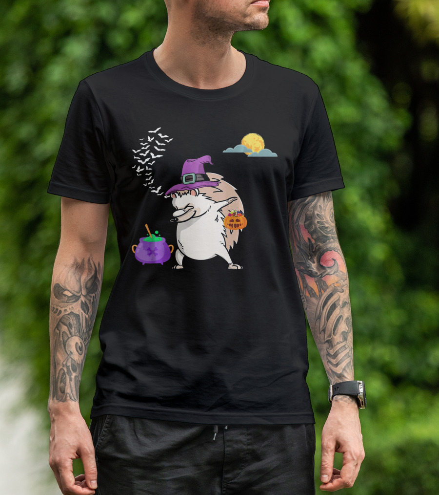Dabbing Hedgehog Witch Halloween Costume With Cauldron Moon And Pumpkin Candy Bucket T-Shirt