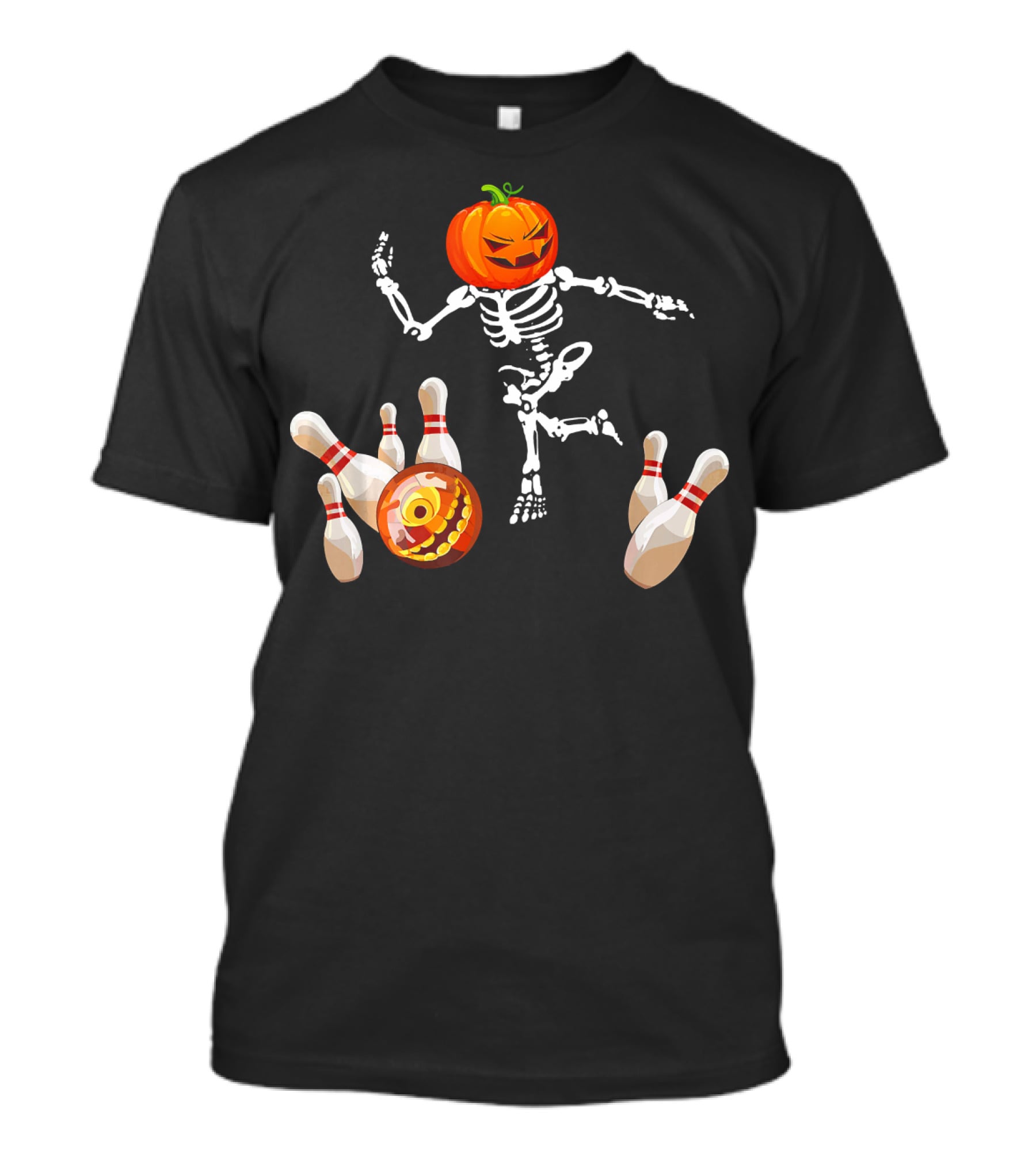Funny Halloween Pumpkin Head Skeleton Bowling Scene T-Shirt