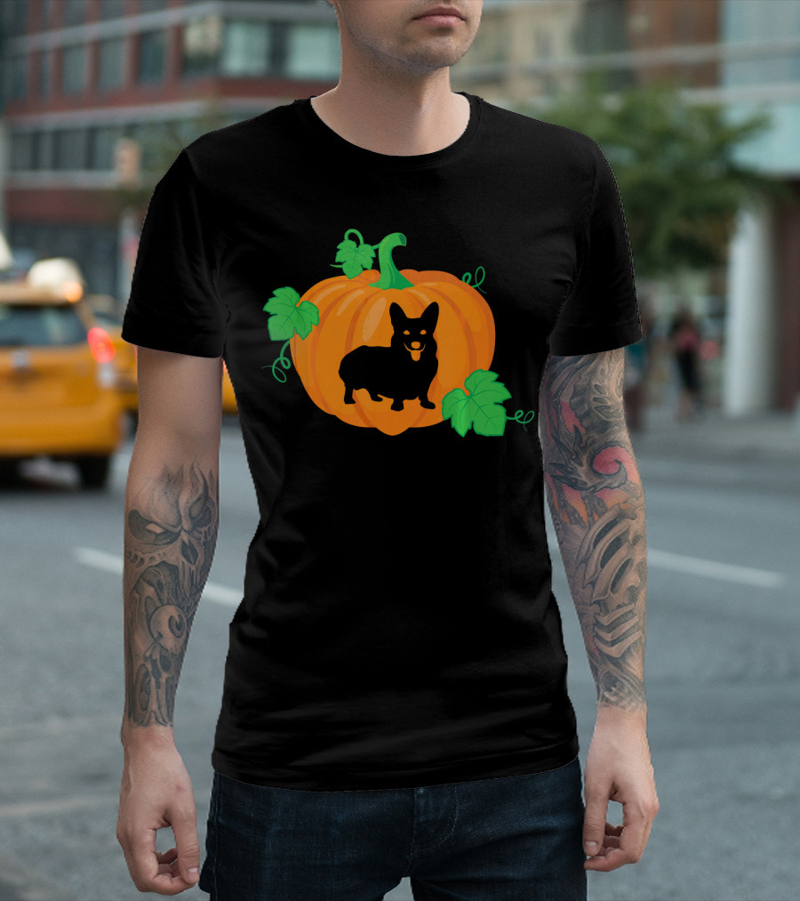 Corgi Dog Pumpkin Halloween Silhouette with Leaves T-Shirt