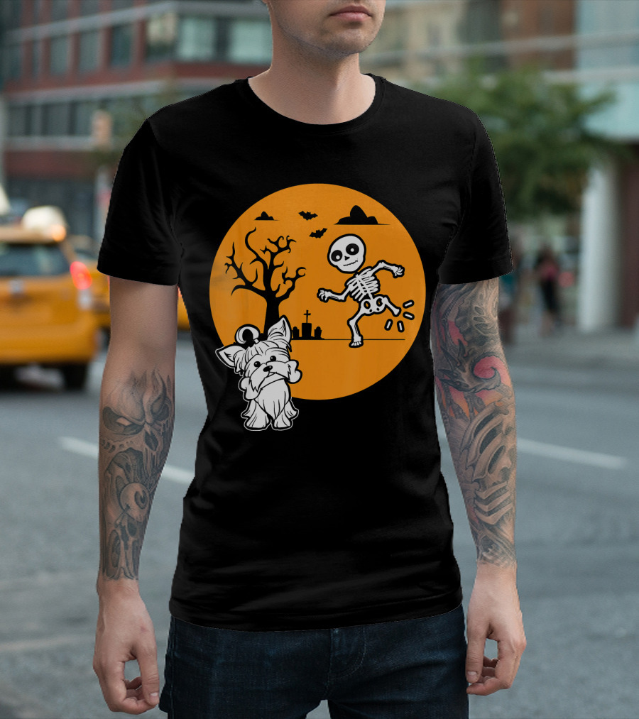 Yorkshire Terrier Halloween Costume Skeleton Dance Moon Bat Graveyard T-Shirt