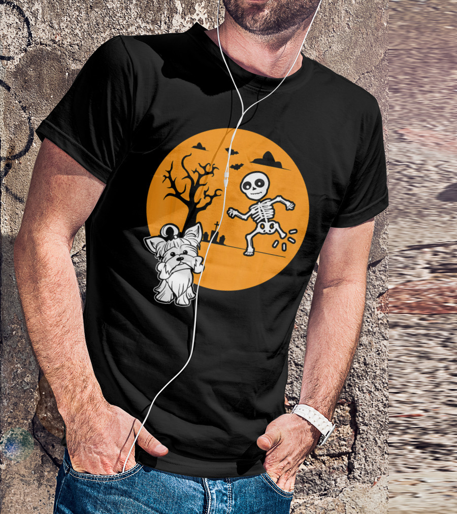 Yorkshire Terrier Halloween Costume Skeleton Dance Moon Bat Graveyard T-Shirt