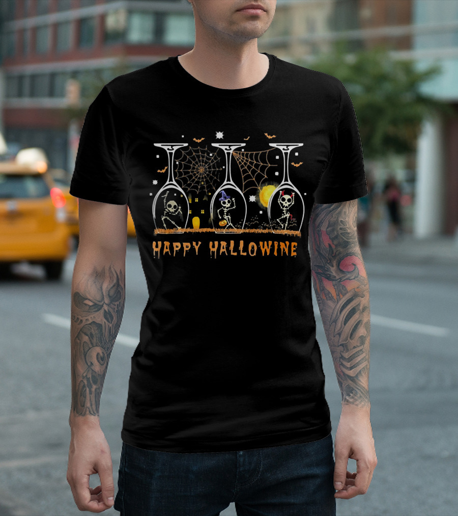 HAPPY HALLOWINE Skeletons In Wine Glasses With Spider Webs And Bats T-Shirt