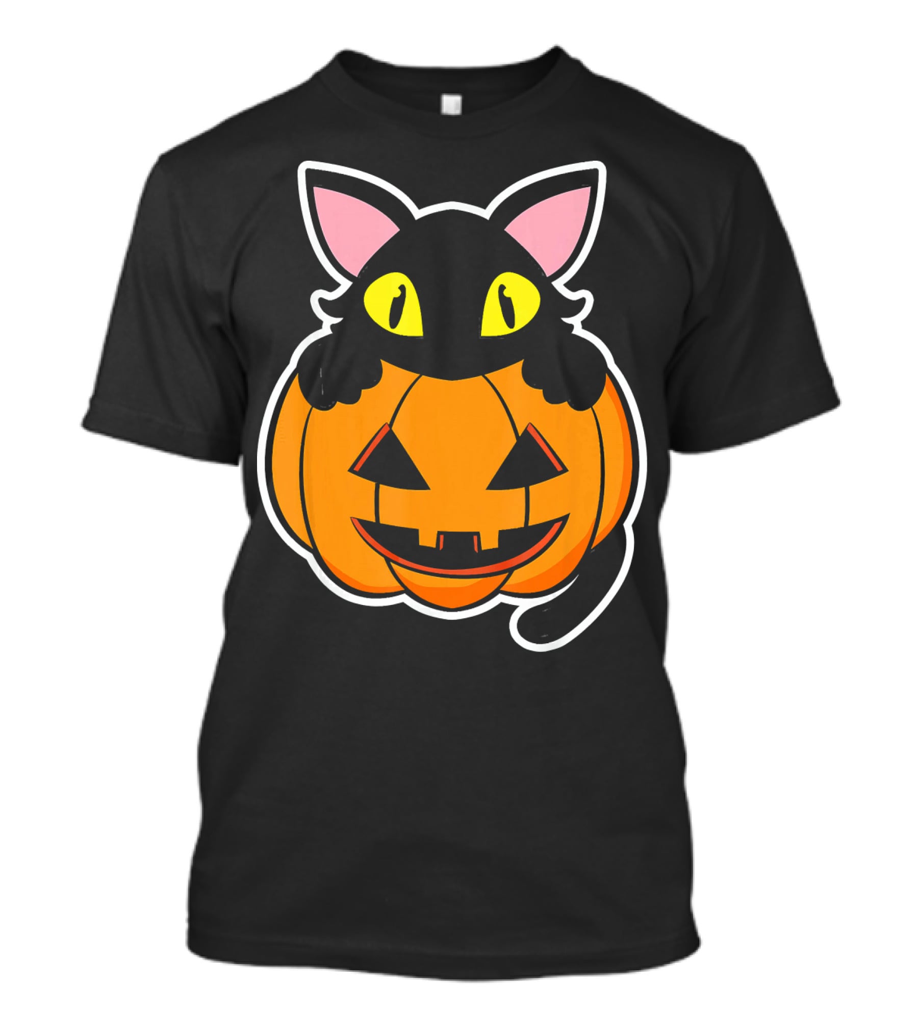 Black Cat Peeking Over Pumpkin Funny Scary Happy Halloween T-Shirt