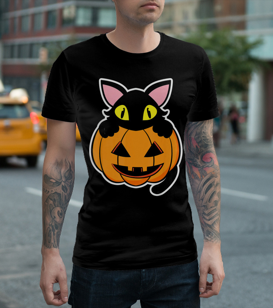 Black Cat Peeking Over Pumpkin Funny Scary Happy Halloween T-Shirt
