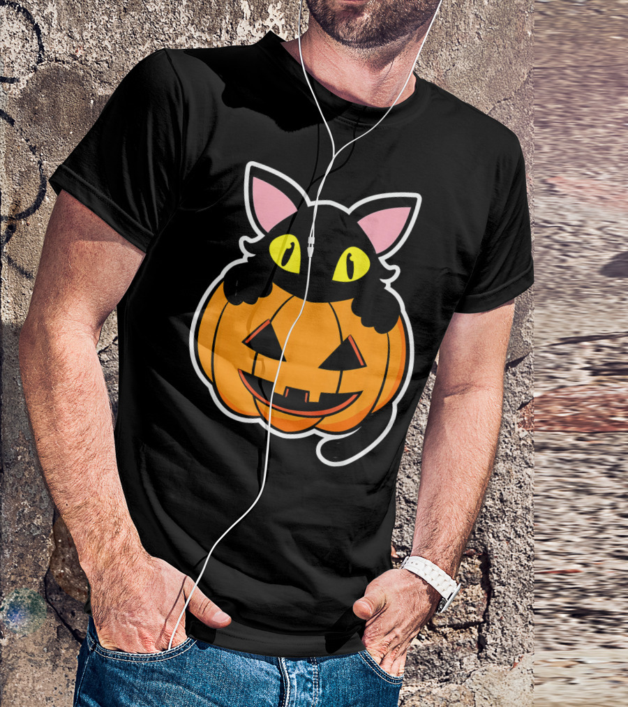 Black Cat Peeking Over Pumpkin Funny Scary Happy Halloween T-Shirt