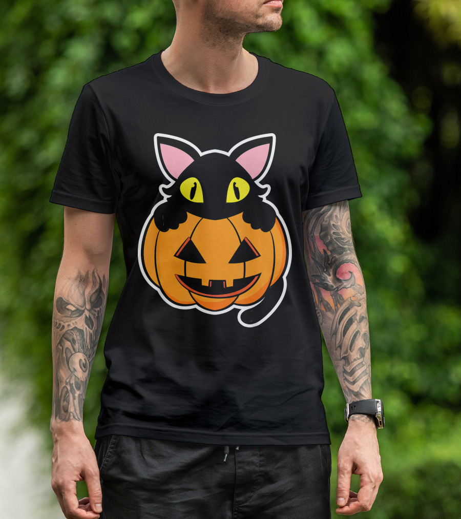 Black Cat Peeking Over Pumpkin Funny Scary Happy Halloween T-Shirt