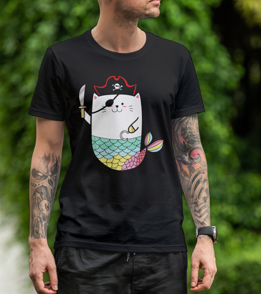 Halloween Mermaid Pirate Cat With Eye Patch And Sword T-Shirt