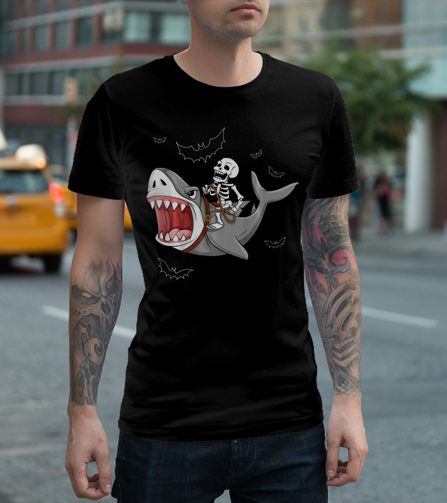 Skeleton Riding Shark Funny Halloween Bat T-Shirt