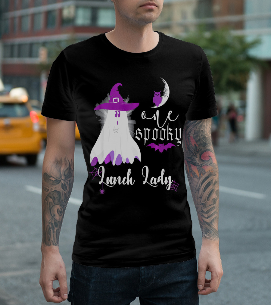 One Spooky Lunch Lady Halloween Ghost With Purple Bat And Moon T-Shirt