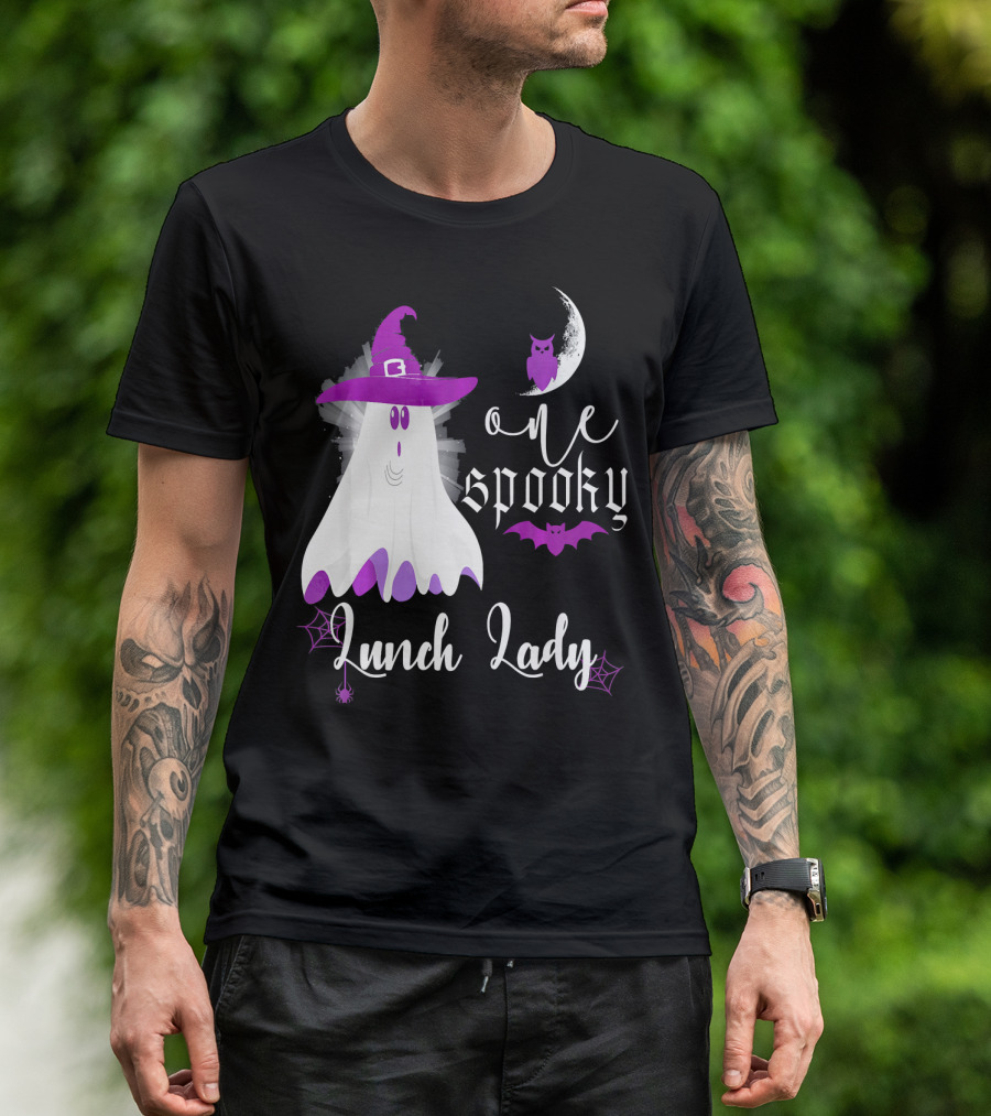 One Spooky Lunch Lady Halloween Ghost With Purple Bat And Moon T-Shirt