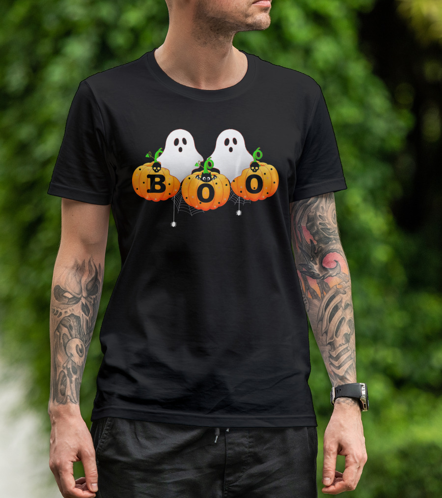 Boo Halloween Ghosts With Spiders And Pumpkins T-Shirt