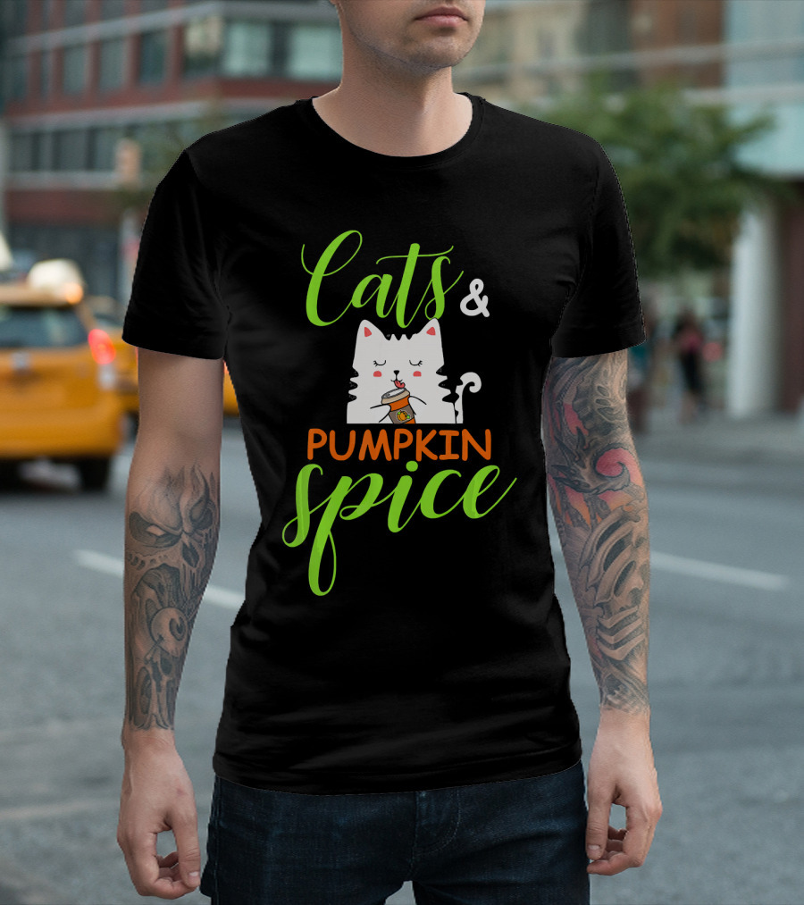 Cats And Pumpkin Spice Fall Autumn Cozy Cat With Coffee Cup T-Shirt
