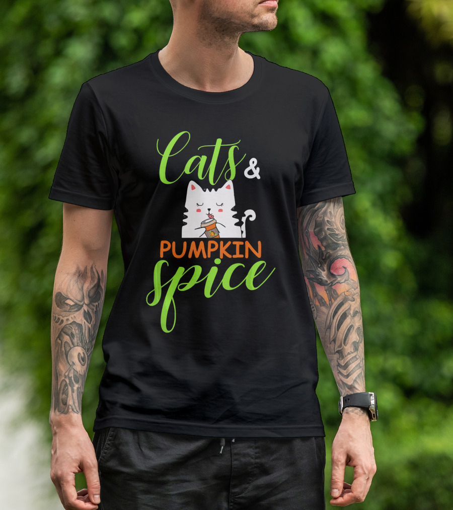 Cats And Pumpkin Spice Fall Autumn Cozy Cat With Coffee Cup T-Shirt