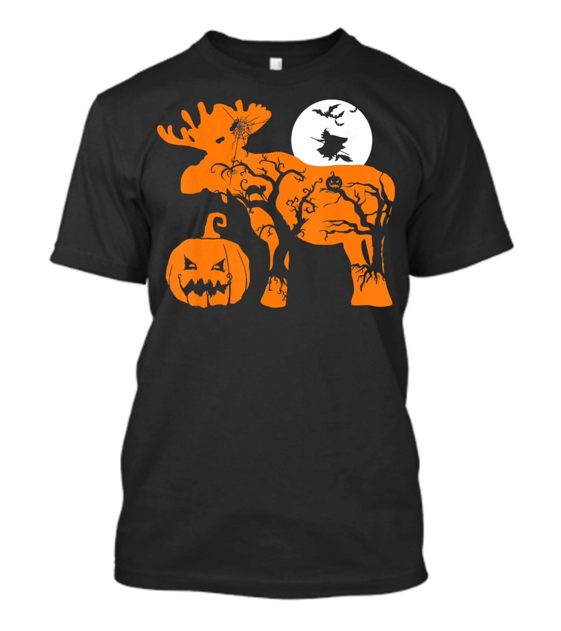 Witch Bat Moon Pumpkin Moose With Spider Web T-Shirt