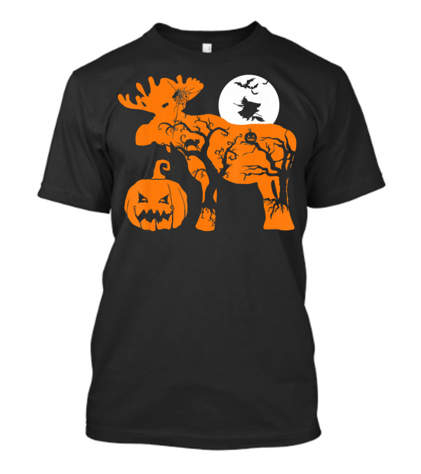 Witch Bat Moon Pumpkin Moose With Spider Web T-Shirt