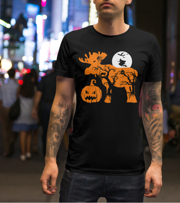 Witch Bat Moon Pumpkin Moose With Spider Web T-Shirt