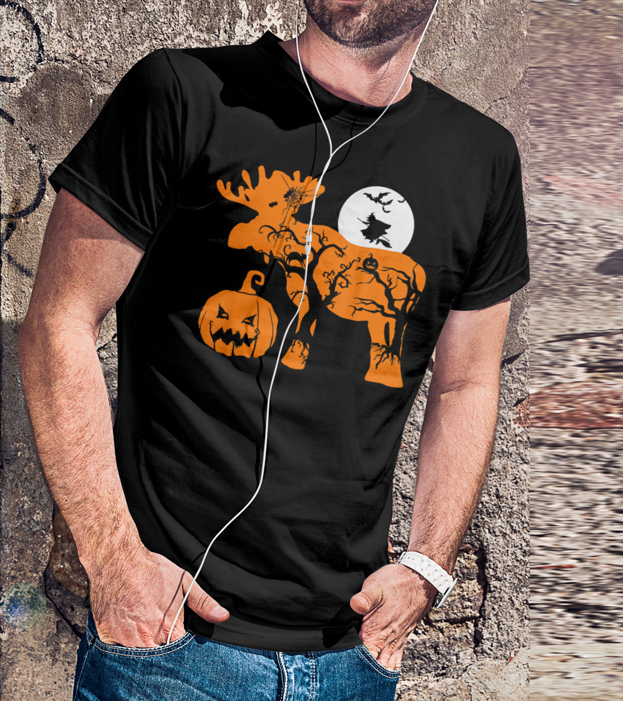 Witch Bat Moon Pumpkin Moose With Spider Web T-Shirt