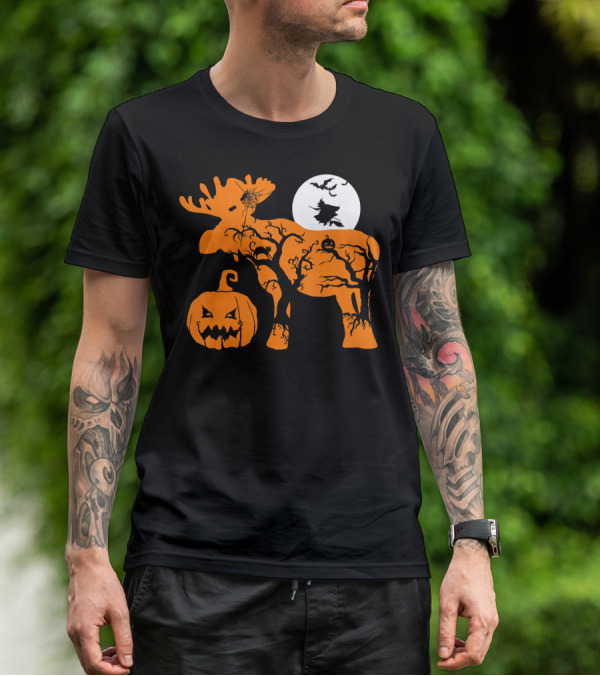 Witch Bat Moon Pumpkin Moose With Spider Web T-Shirt