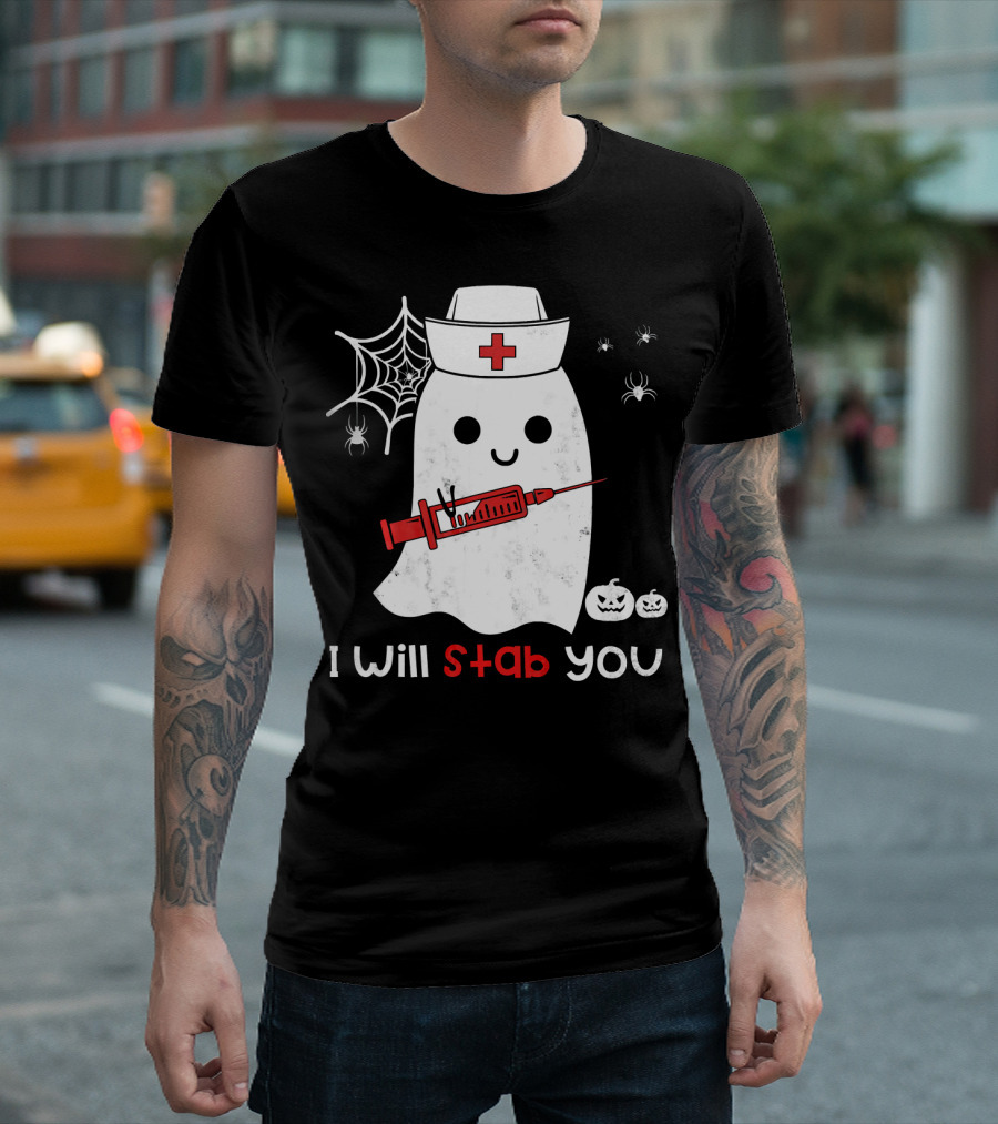 Nurse Ghost I Will Stab You Halloween Spiders Pumpkins T-Shirt