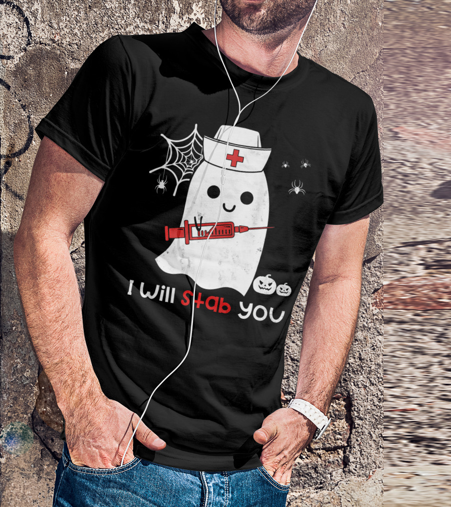 Nurse Ghost I Will Stab You Halloween Spiders Pumpkins T-Shirt