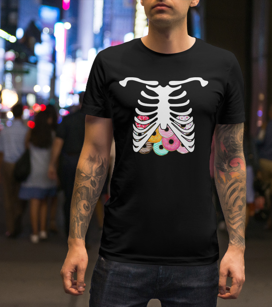 Rib Cage Skeleton Halloween Costume With Colorful Donuts T-Shirt