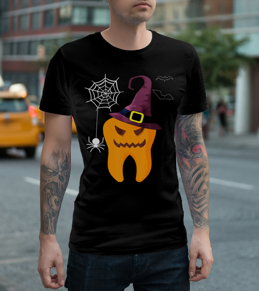 Halloween Dental Witch Dentist Tooth with Spider and Hat T-Shirt