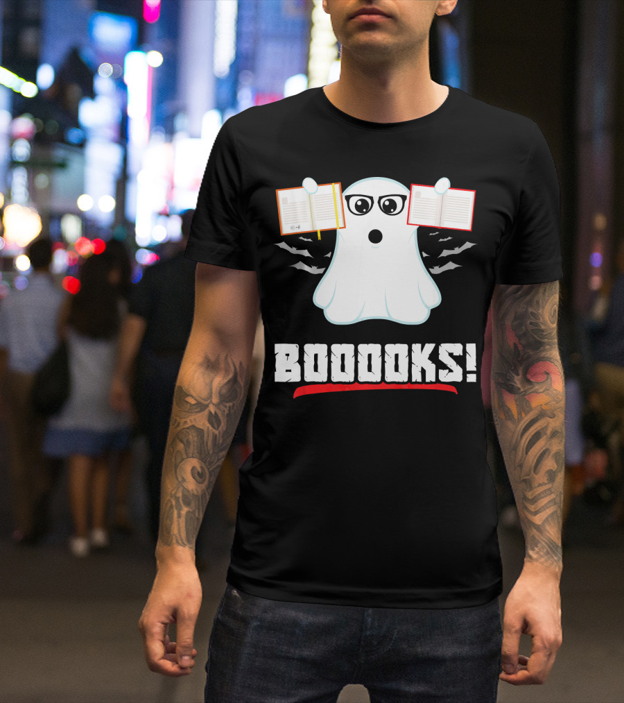 BOOOOKS Boo Ghost Reading Book Lib With Bats And Glasses T-Shirt